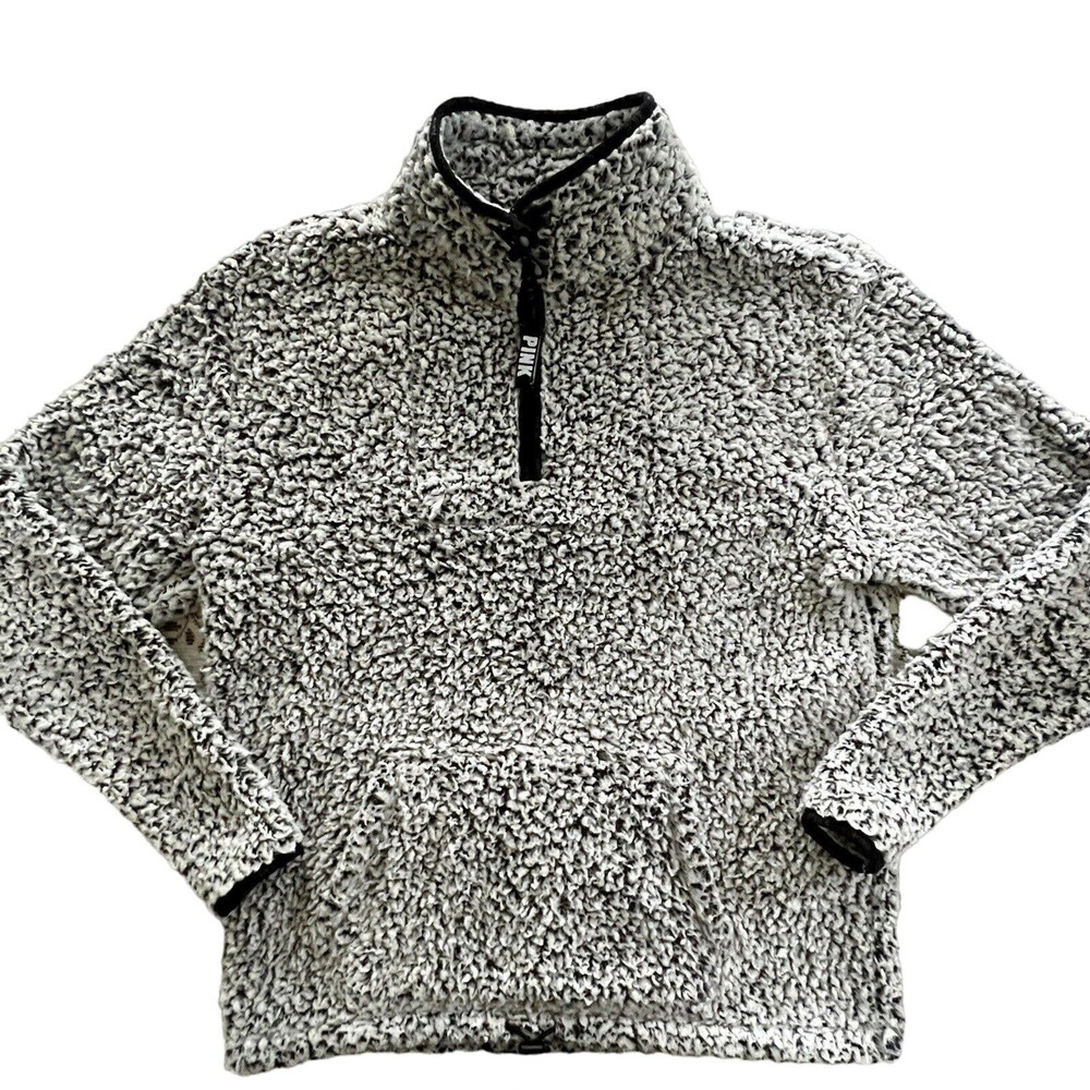 Victoria’s Secret PINK Size S Small Grey Sherpa Fleece 1/4 Zip Pullover Pocket
